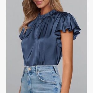 Chic Satin Ruffle Sleeve Blouse in Navy